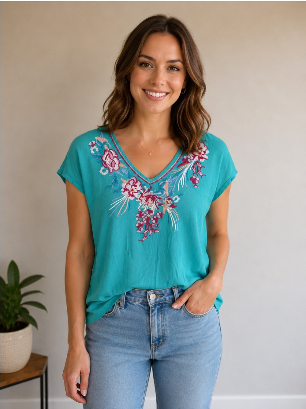 Solitaire Turquoise Embroidered Floral Rayon Boho Blouse Top Size S